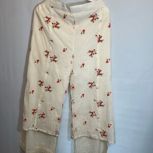 Womens Embroidered Pants Wide Leg Layered Crotchet Hemline Size 40/ 10-12 Pullon
